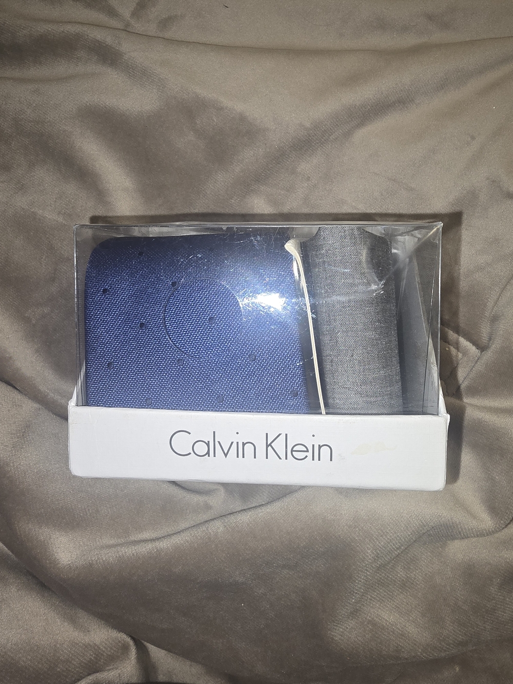 Calvin Klein Navy Blue Tie with Light Gray Pocket Square